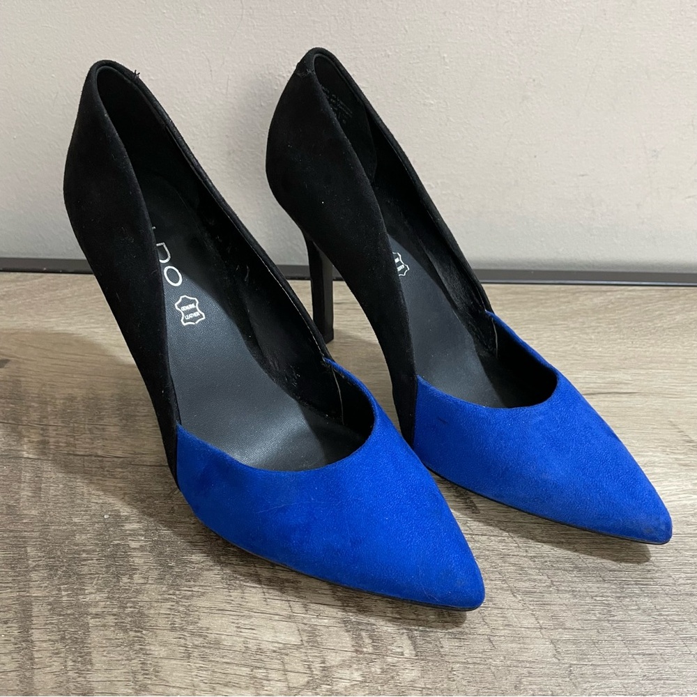 ALDO Electric Blue & Black SUEDE 2 Tone COLORBLOCK High Heel PUMPS Club SHOES